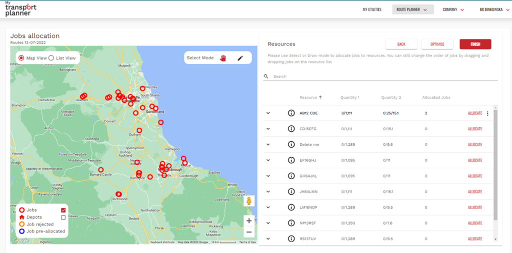 Example screen of the planning tool